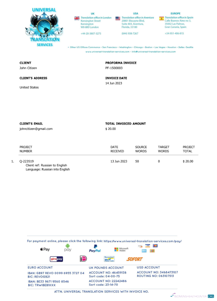 Download USA Universal Translation Services invoice Word and PDF template Photoshop template
